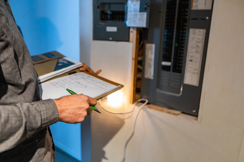 home Inspector in front of electric distribution board during inspection
